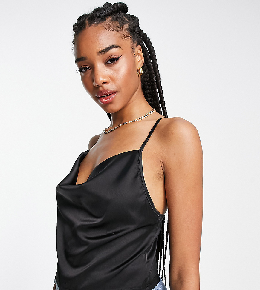 Parisian Tall satin cami strap top with cowl neck in black