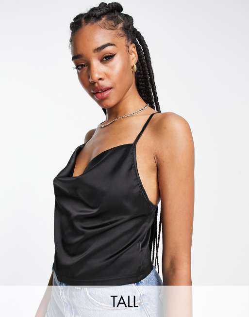 Parisian Tall satin cami strap top with cowl neck in black