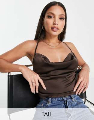 Parisian Tall Parisian Tall satin cami strap top with cowl neck in chocolate brown