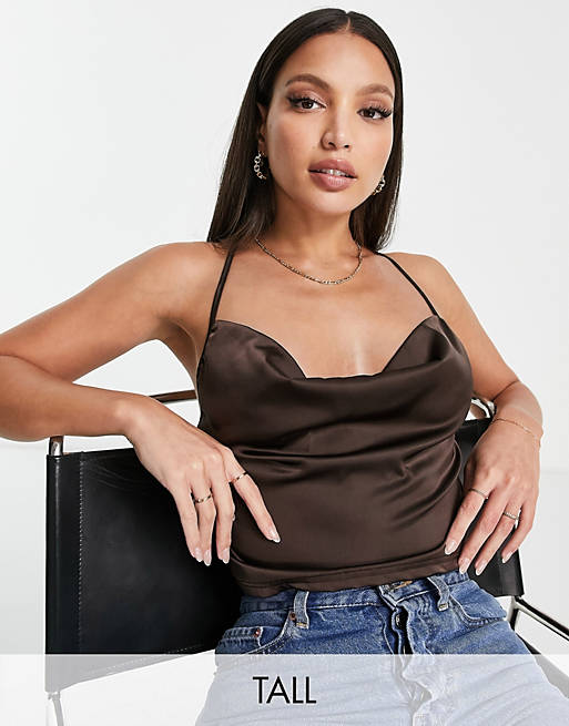 Parisian Tall satin cami strap top with cowl neck in chocolate brown