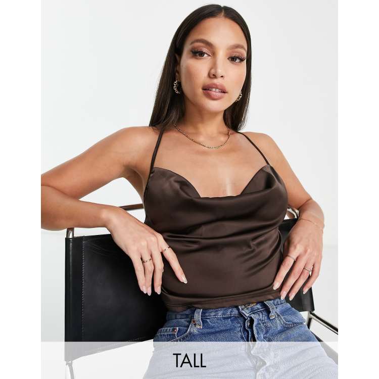 Parisian Tall satin cami strap top with cowl neck in chocolate brown | ASOS