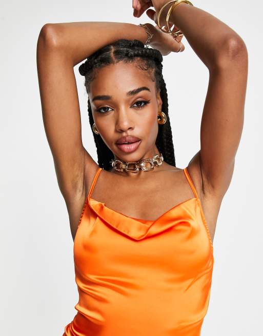 Parisian Tall satin cowl neck cami mini dress in bright orange, 3 of 4