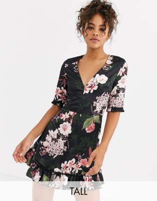 Parisian Tall Satin Tea Dress In Black Floral Print | ModeSens