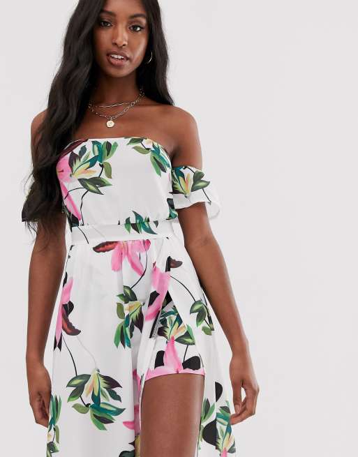 Parisian Tall – Schulterfreies Maxikleid in Weiß mit Blumenmuster, 3 von 4