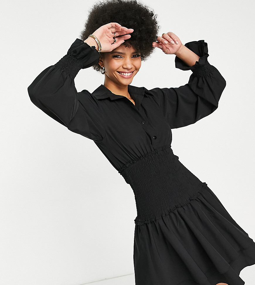 parisian tall shirred detail flute sleeve smock dress in black