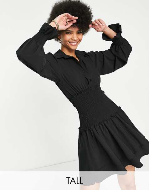 Parisian Tall shirred detail flute sleeve smock dress in black
