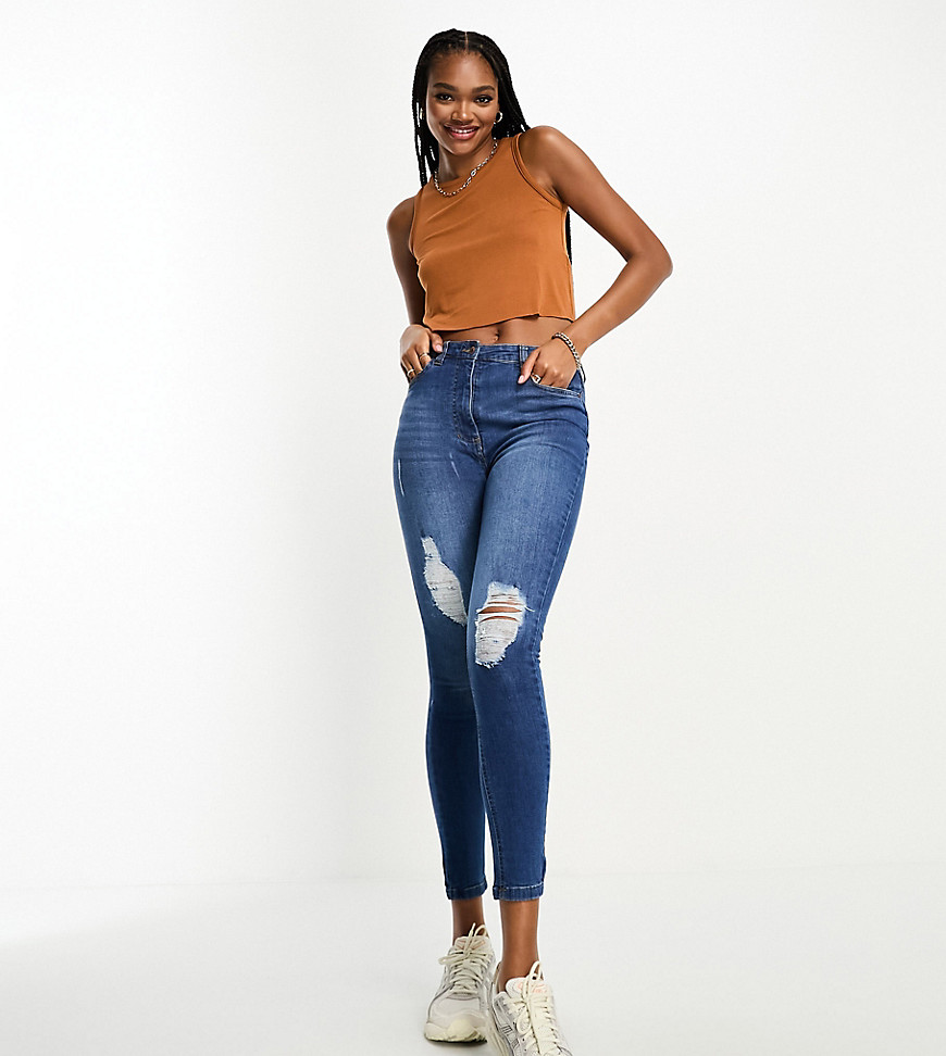 Parisian Tall skinny jeans with rips in mid wash blue