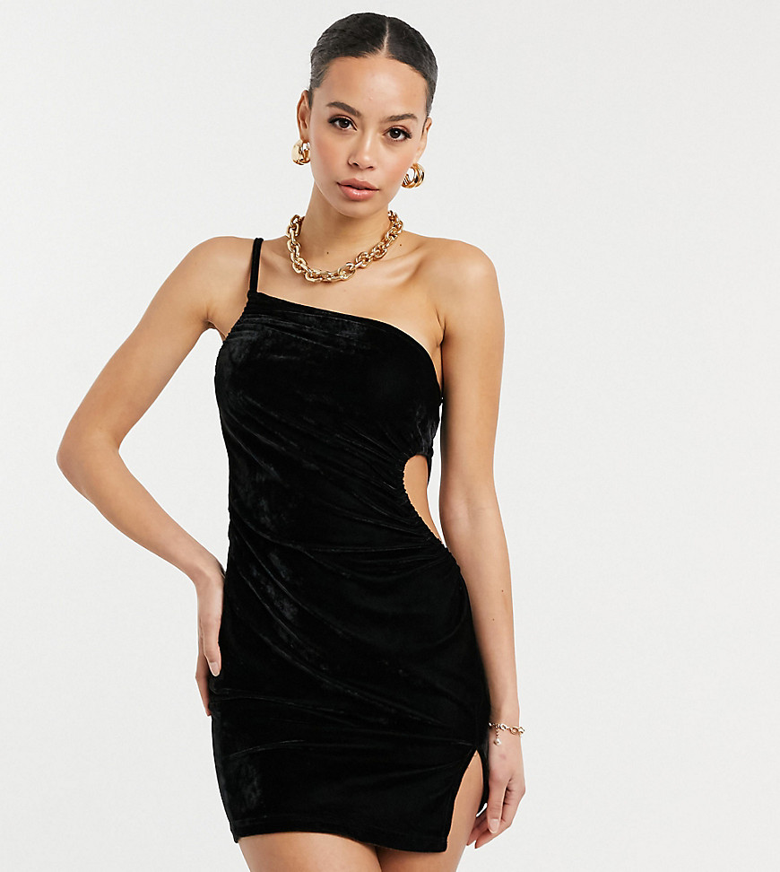 Parisian - Tall - Sort one-shoulder-kjole med udskæring i sort velour