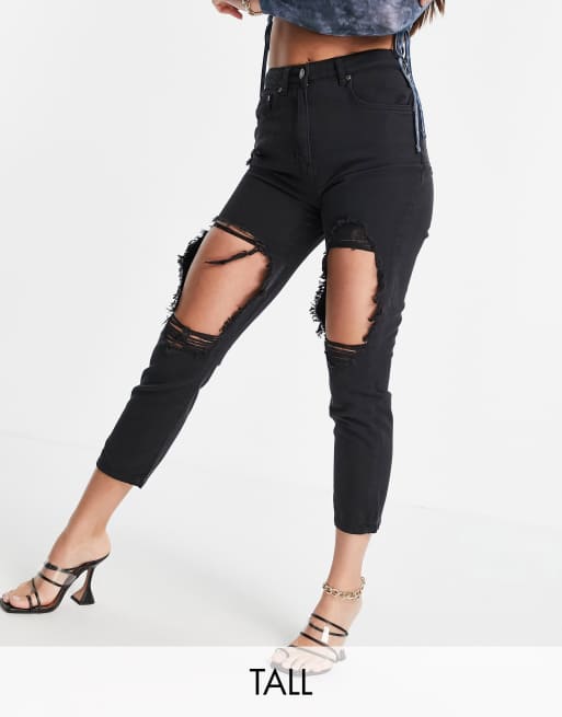 Parisian Tall – Svarta jeans med stora revor och tvättad finish