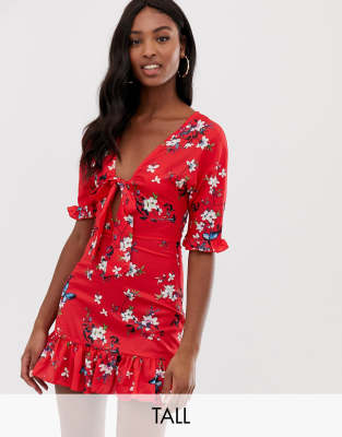 red floral tie front dress
