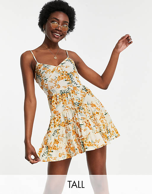 Parisian Tall tiered cami strap swing dress in yellow floral print