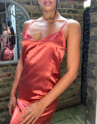 Vestito sottoveste in raso terracotta con spalline sottili-Arancione - Parisian Tall  donna Arancione - immagine3