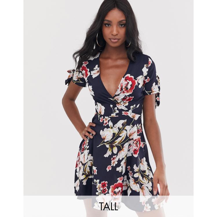 Parisian Tall wrap front dress with tie sleeve detail in floral print