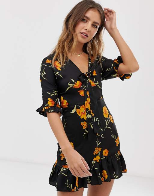 Parisian tea dress with tie front in black floral | ASOS