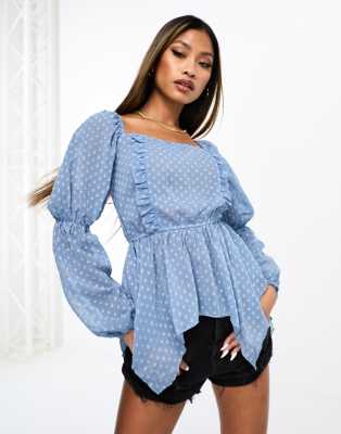 Parisian Textured Mesh Blouse In Blue