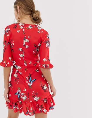 red floral print tie front skater dress