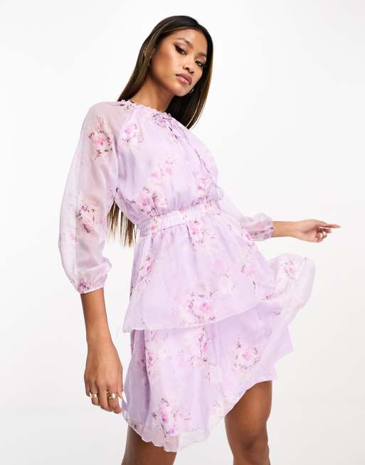 Parisian tie neck mini dress in lilac floral print