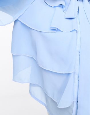 Parisian tie neck ruffle detail blouse in blue