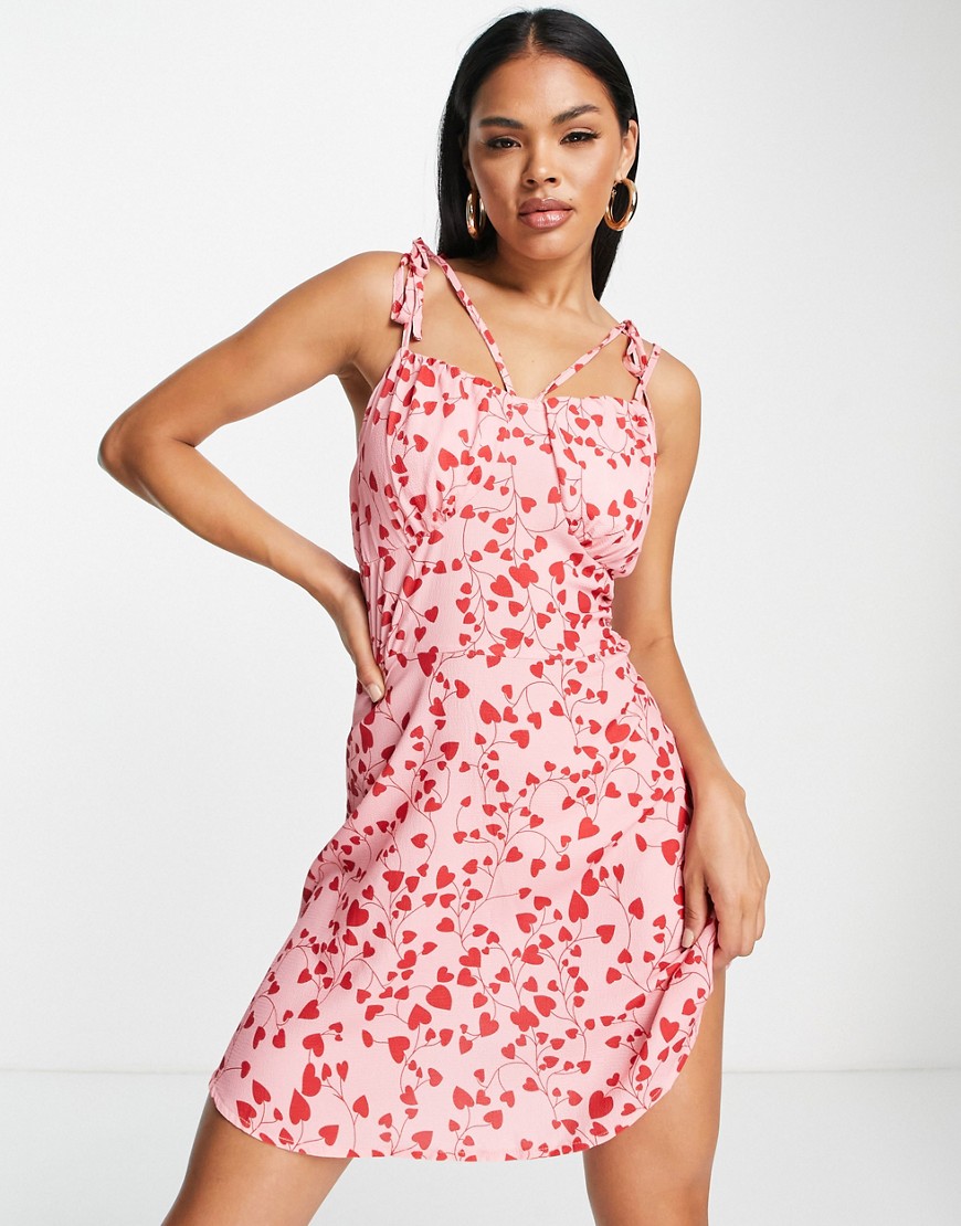 Parisian tie shoulder mini dress in pink shadow floral-Red