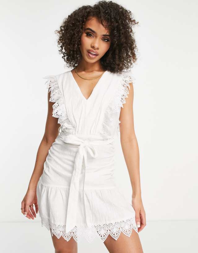 Parisian tie waist broderie mini dress in white