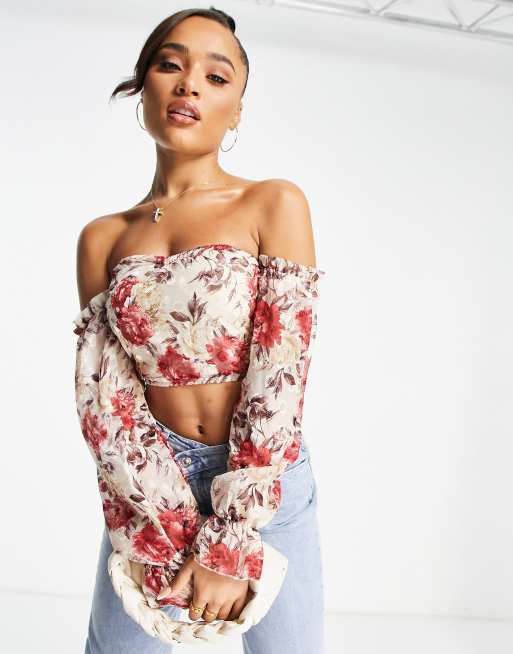 Parisian - Top con scollo alla Bardot a maniche lunghe con stampa con fiori rossi