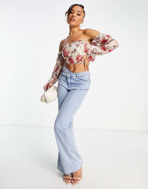 Parisian - Top con scollo alla Bardot a maniche lunghe con stampa con fiori rossi, 3 di 4