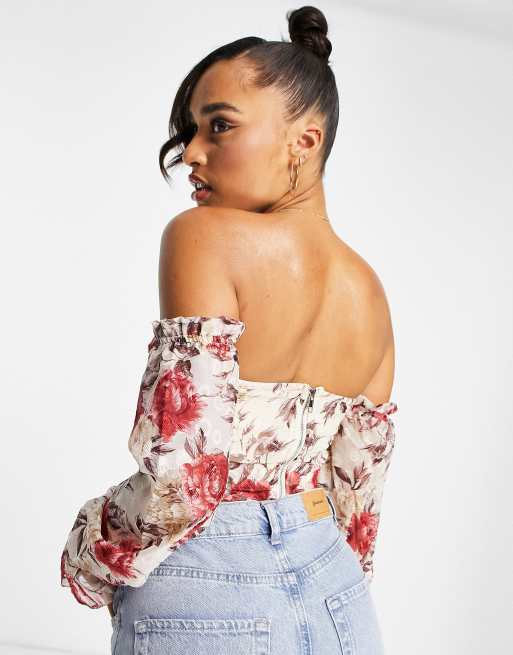 Parisian - Top con scollo alla Bardot a maniche lunghe con stampa con fiori rossi, 4 di 4