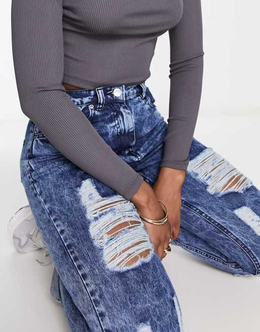 Parisian turn up hem distressed mom jeans in dark blue acid wash, 3 of 5