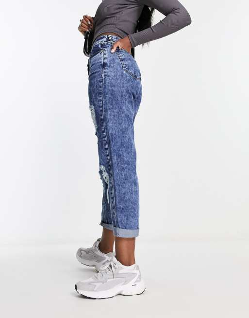 Parisian turn up hem distressed mom jeans in dark blue acid wash, 4 of 5