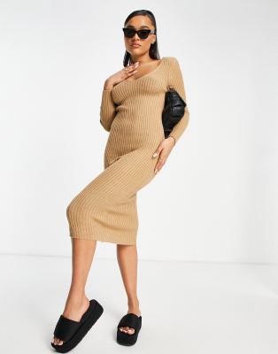 Parisian v neck knitted dress in beige