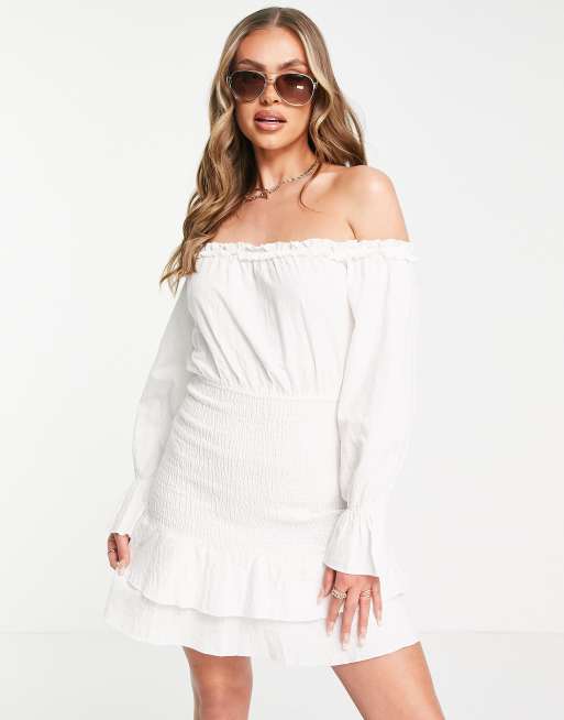 Parisian - Vestito corto bianco con spalle scoperte e volant sul fondo