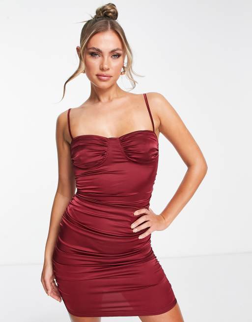 Parisian - Vestito corto in raso con spalline sottili color vinaccia