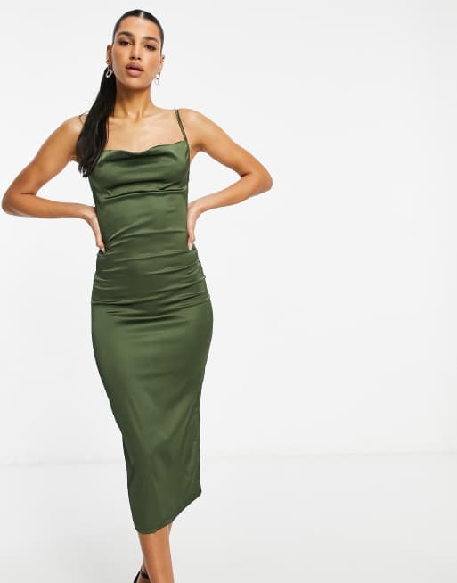 Parisian - Vestito midi in raso con spalline sottili e scollo ad anello, colore oliva, 4 di 4