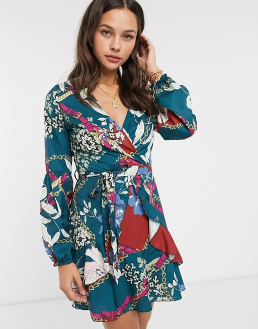 Parisian wrap front dress in scarf floral print