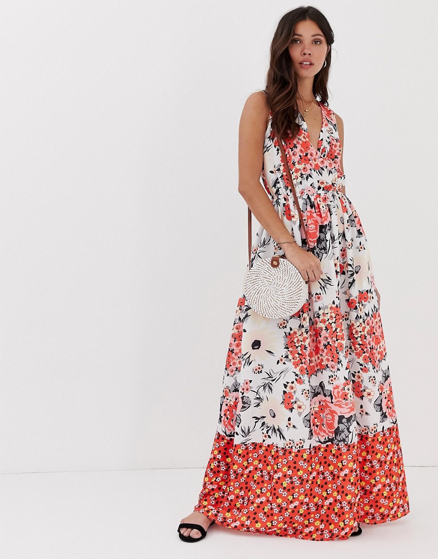 Parisian wrap front floral border print maxi dress-Multi
