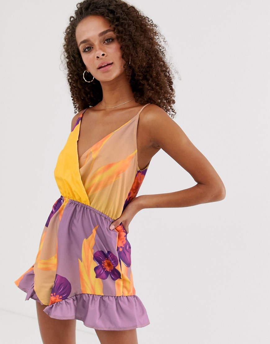 Parisian wrap front playsuit in bold floral print-Yellow