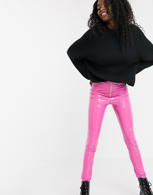 Parisian zip front PU leggings in pink