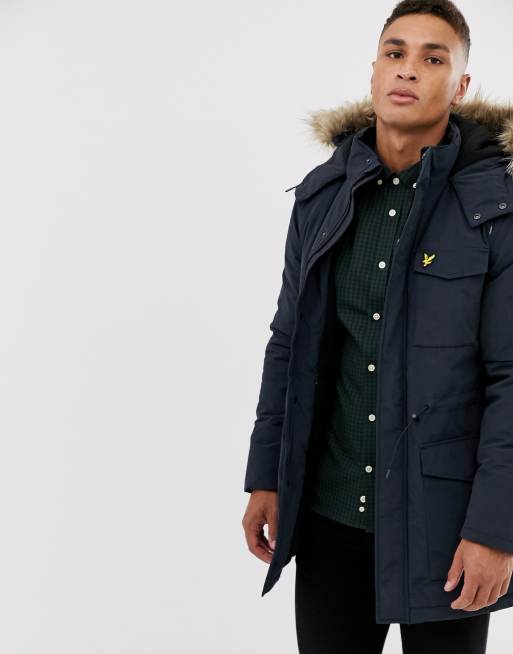 Parka azul marino con capucha de pelo sintético de quita y pon de Lyle & Scott