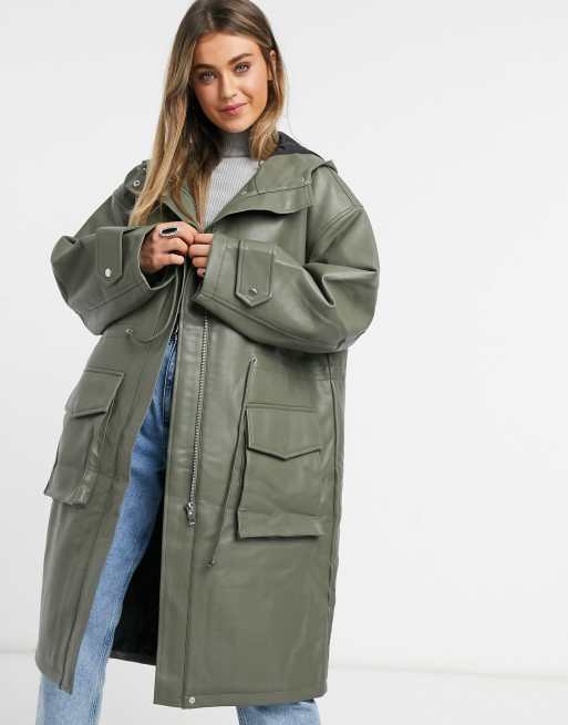 Parka caqui extragrande con forro acolchado de cuero sintético de ASOS DESIGN, 3 de 4