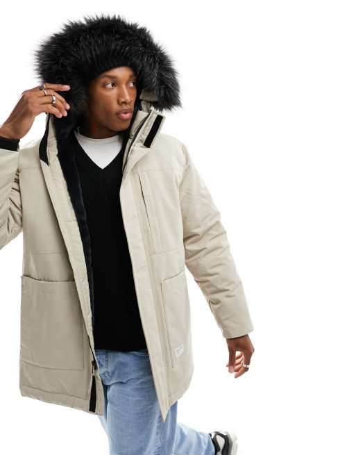 Parka color piedra con ribete de piel sintética en la capucha All Weather de Hollister