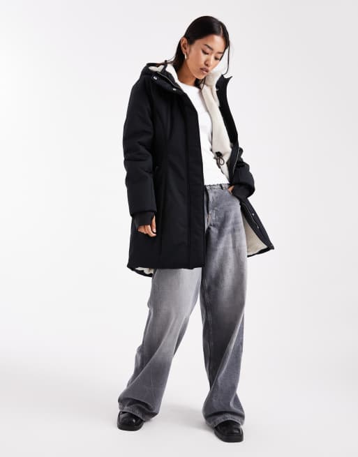 Parka larga azul marino con capucha de Hollister
