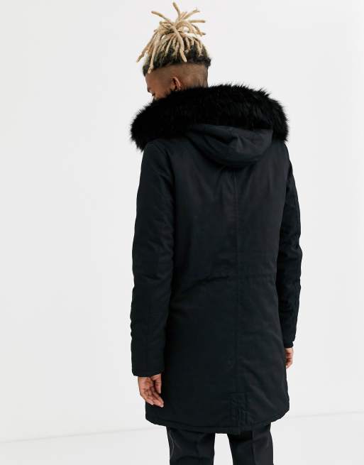 Parka negra con bajo cola de pez y capucha de pelo sintético de Sixth June, 2 de 4