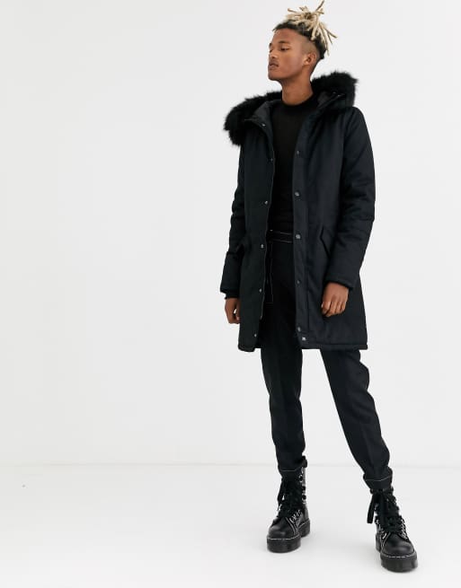 Parka negra con bajo cola de pez y capucha de pelo sintético de Sixth June, 4 de 4