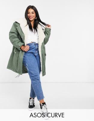 Парка цвета хаки с каскадным дизайном и подкладкой из искусственного меха ASOS DESIGN Curve-Зеленый цвет