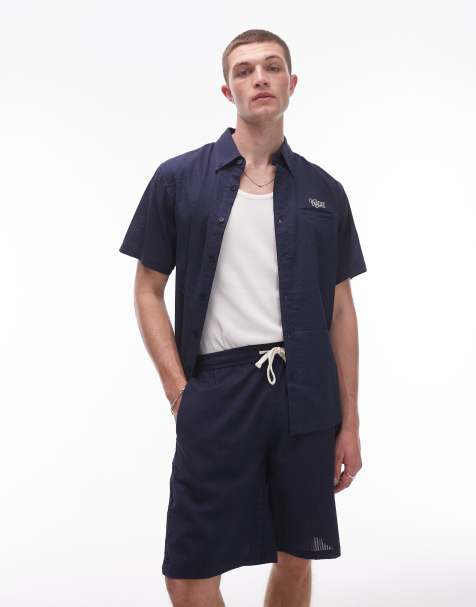 Parlez azura logo detail seer sucker shirt co-ord in navy