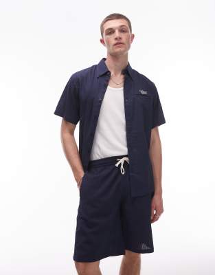 Parlez Parlez azura logo detail seer sucker shirt co-ord in navy