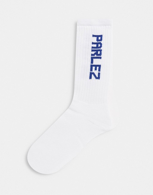Parlez Boom navy logo socks in white