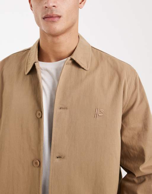 Parlez button through logo short trench jacket in beige, 5 of 5