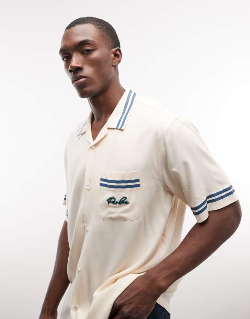 Parlez - Camicia a maniche corte color panna con bottoni e righe a contrasto