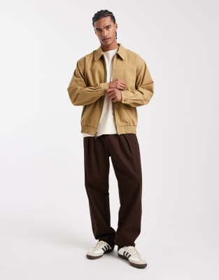 Parlez Collared 2 Way Zip Harrington Jacket With Fleece Lining In Brown